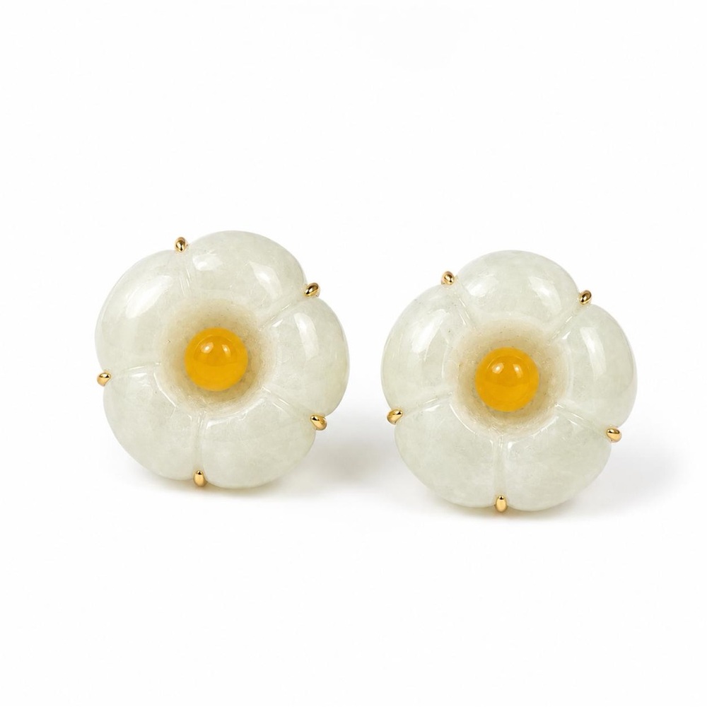 14K Gold Carved  Natural light Green and Yellow Jade Floral Earrings  13.0mm